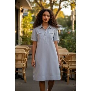 Banana Republic 14 Striped Short Sleeve popover Shirt Dress Navy White Stretch